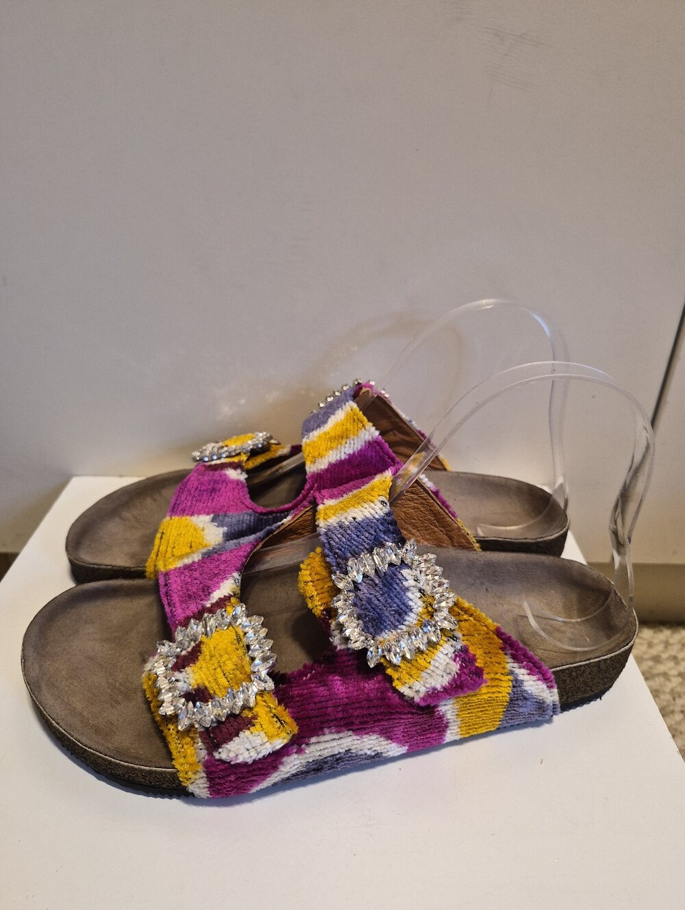 Baldiz Silk Velvet Ikat Double Rhinestone Buckle Slide SandalsSz.7/ EU 37 $245
